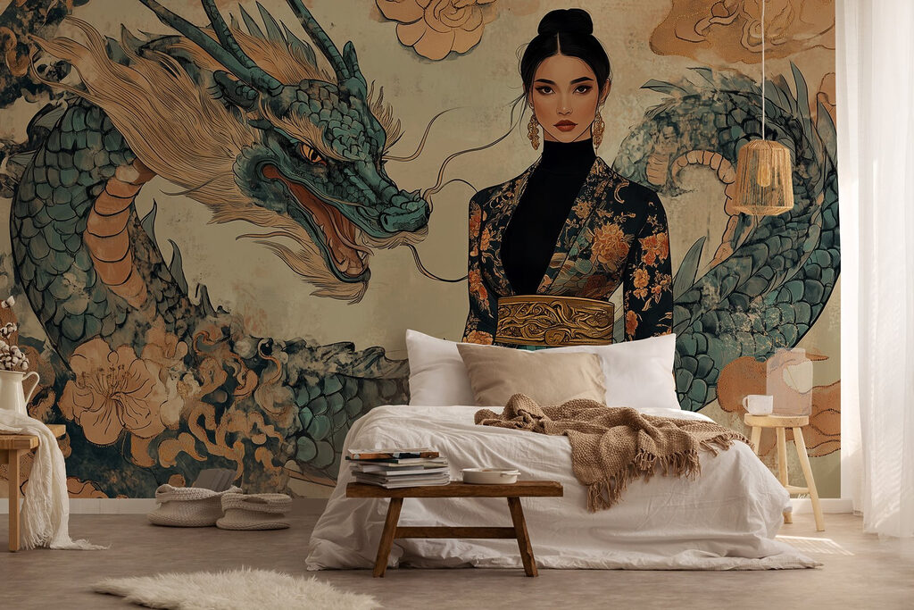 Woman in a kimono and a dragon