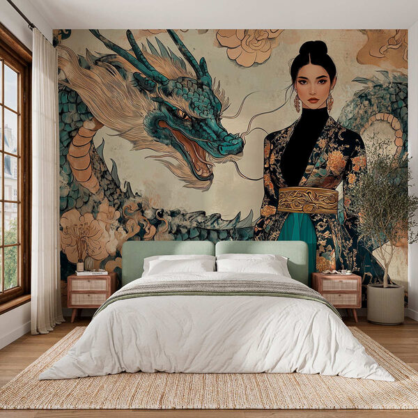 Woman in a kimono and a dragon