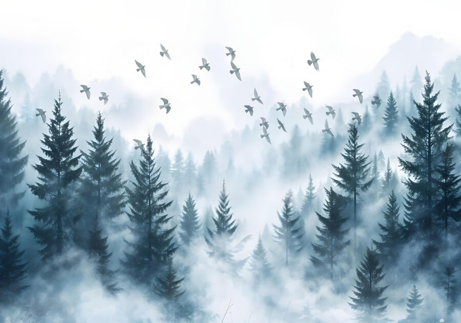 Pájaros volando sobre un bosque