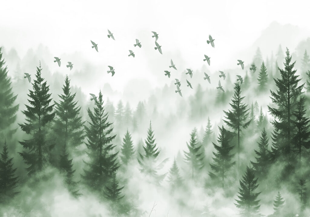 Birds flying over a forest