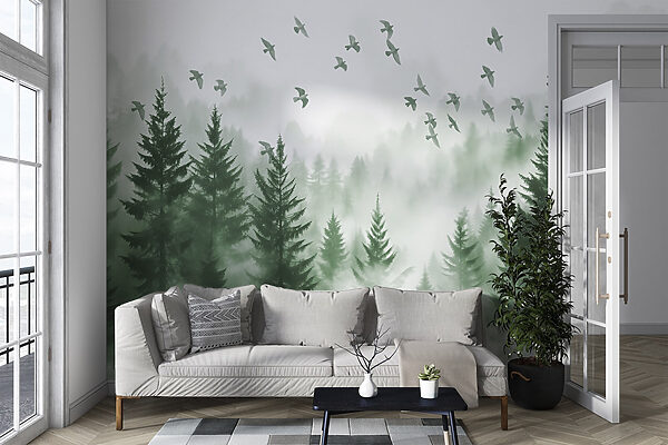 Birds flying over a forest