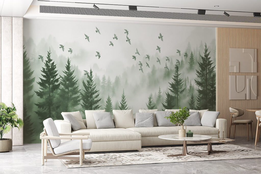 Birds flying over a forest