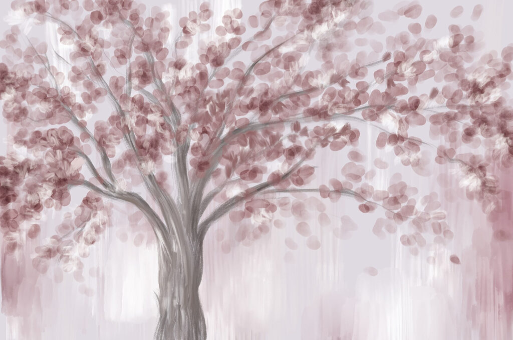 Painting of a tree with pink leaves
