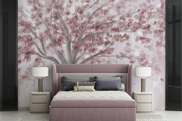 Painting of a tree with pink leaves