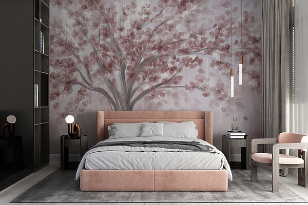 Painting of a tree with pink leaves