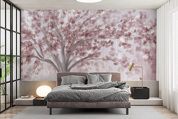 Painting of a tree with pink leaves