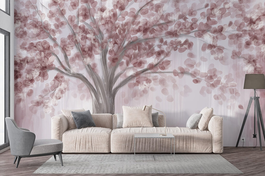 Painting of a tree with pink leaves