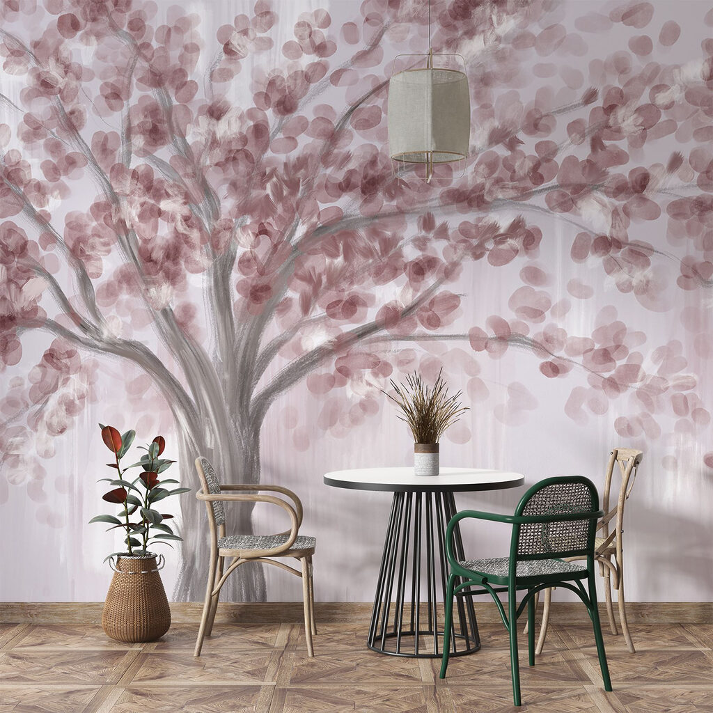 Painting of a tree with pink leaves