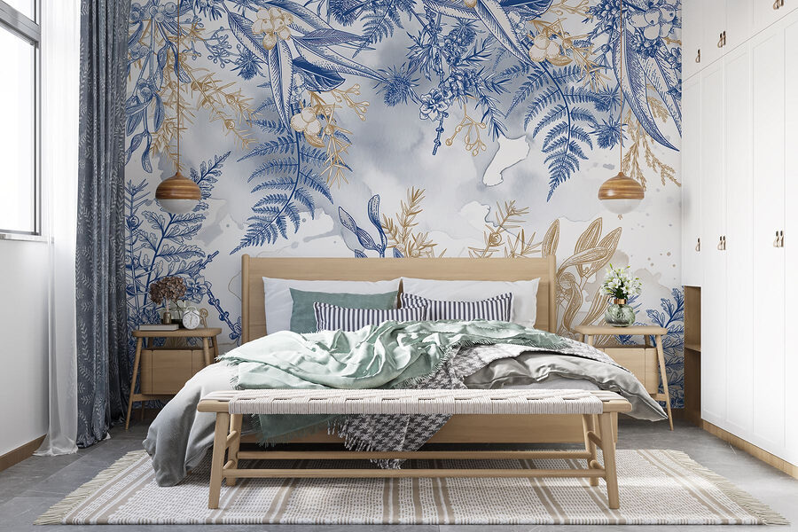 Motivo floral azul y blanco