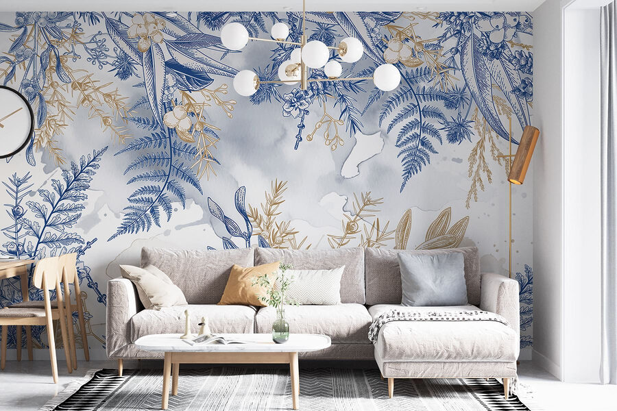 Motivo floral azul y blanco