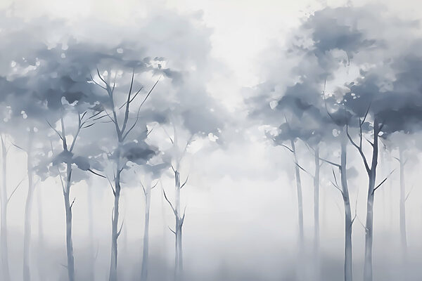 Grupo de árboles en un bosque con niebla Grupo de árboles en un bosque con niebla