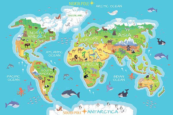 Map of the world with animals