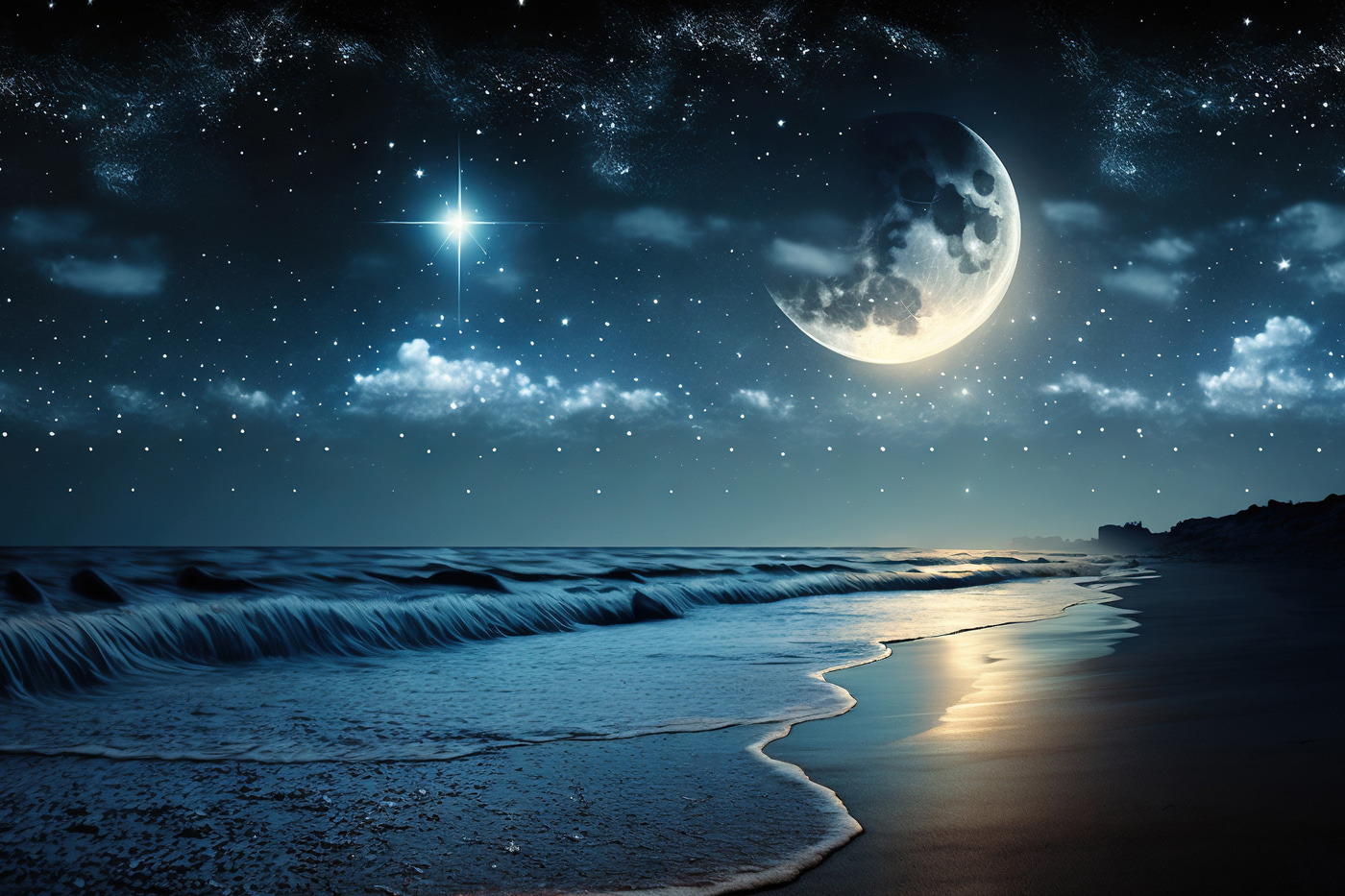 Moon and stars over a beach Moon and stars over a beach