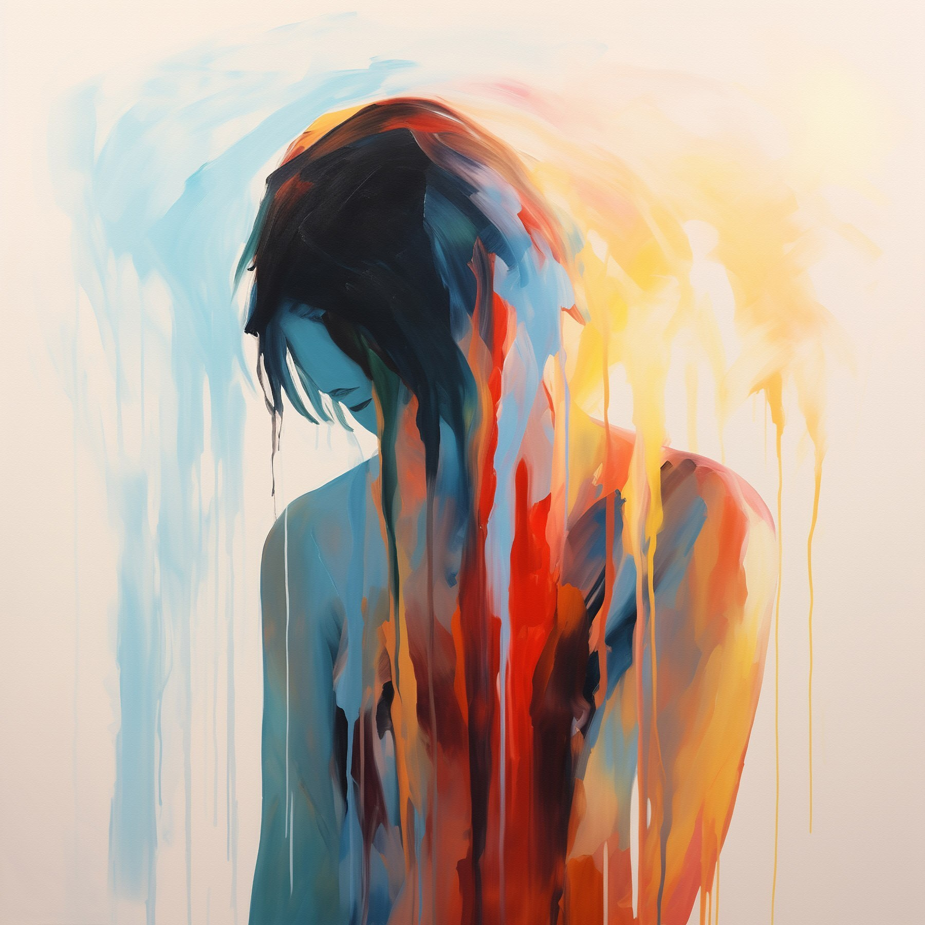 Painting of a woman with colorful paint dripping down her face Painting of a woman with colorful paint dripping down her face