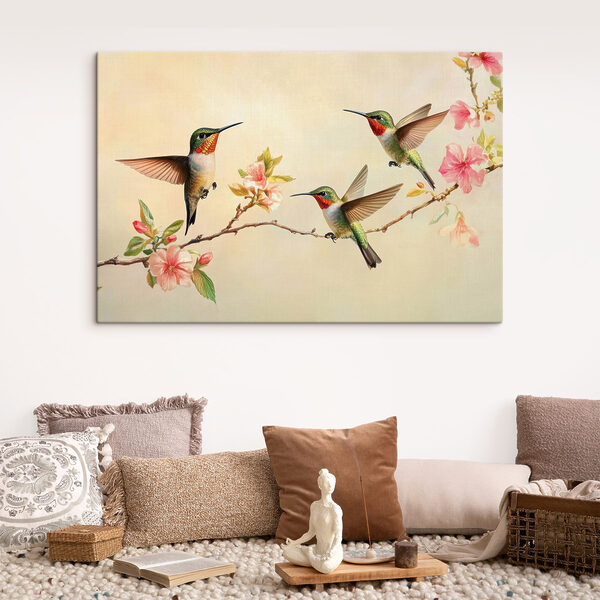 Cuadros Grupo de colibríes en una rama con flores (SKU: s42392) Cuadros Cuadros Grupo de colibríes en una rama con flores (SKU: s42392)