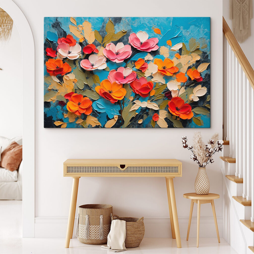 Painting of flowers on a blue surface Painting of flowers on a blue surface