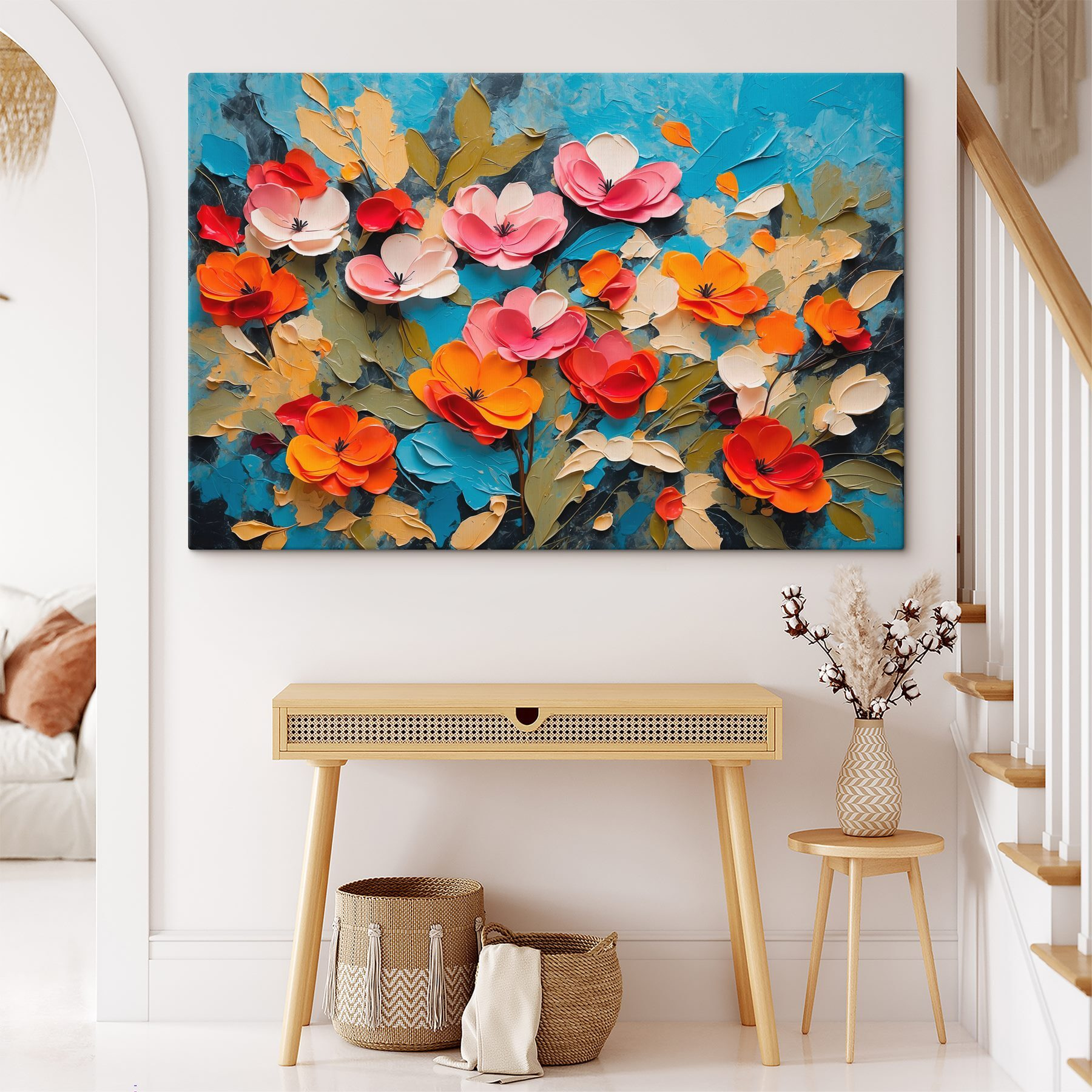 Painting of flowers on a blue surface Painting of flowers on a blue surface