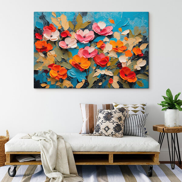 Painting of flowers on a blue surface Painting of flowers on a blue surface