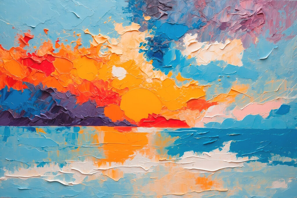 Painting of a sunset over water Painting of a sunset over water