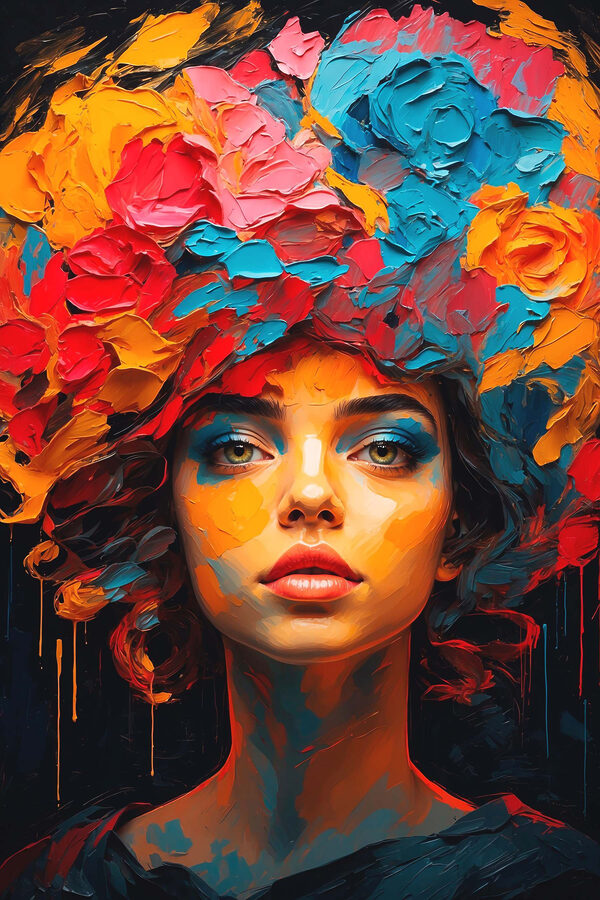 Woman with colorful flowers on her head Woman with colorful flowers on her head