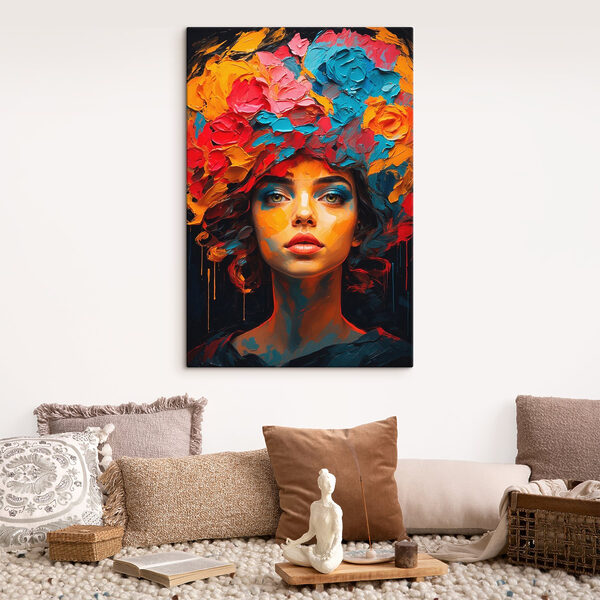 Woman with colorful flowers on her head Woman with colorful flowers on her head