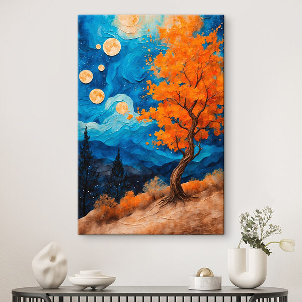 Cuadros Cuadro de un árbol con hojas naranjas y montañas azules (SKU: s42274) Cuadros Cuadros Cuadro de un árbol con hojas naranjas y montañas azules (SKU: s42274)