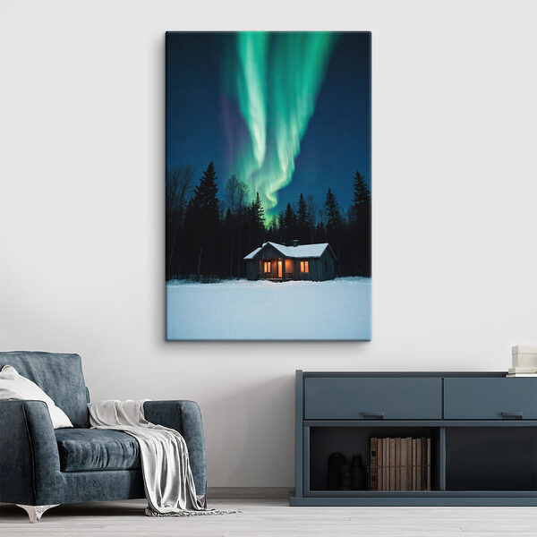House in the snow with green lights in the sky House in the snow with green lights in the sky