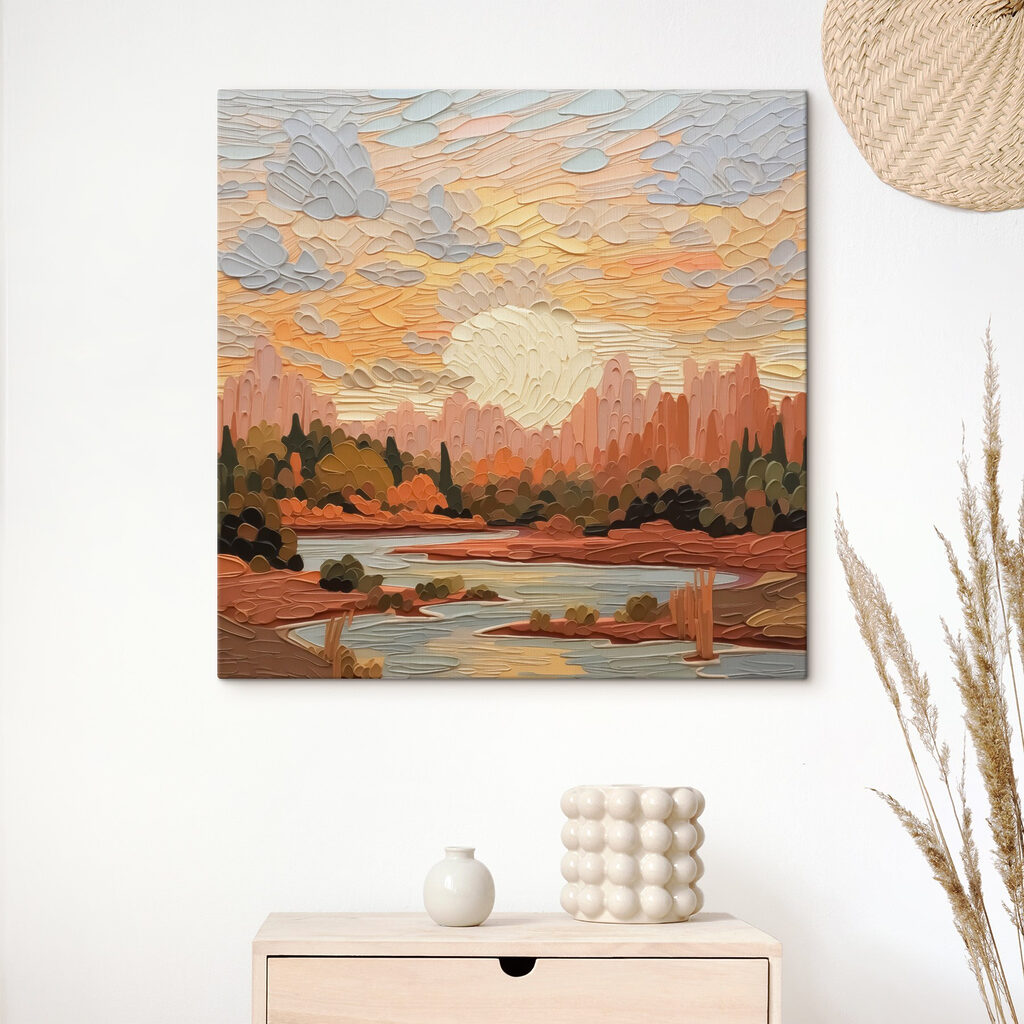 Painting of a river and trees Painting of a river and trees