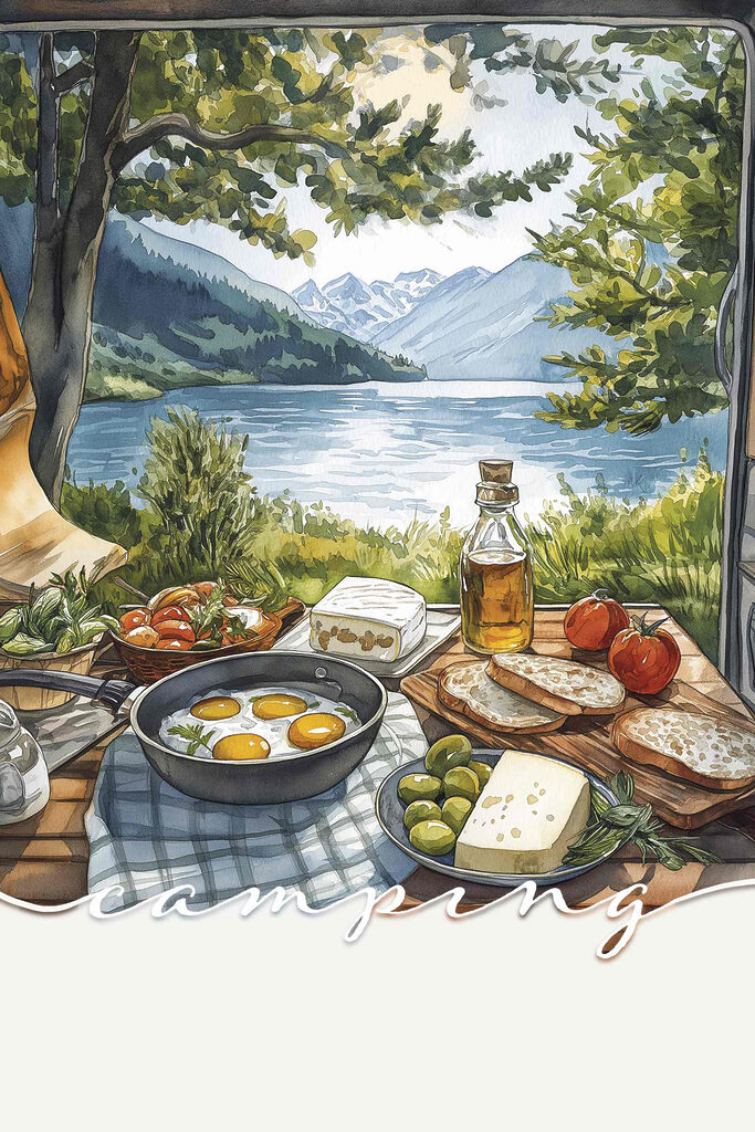 Table with food on it by a lake