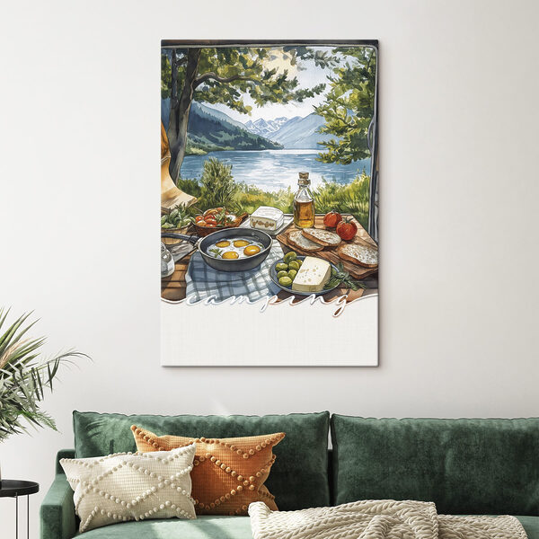 Table with food on it by a lake
