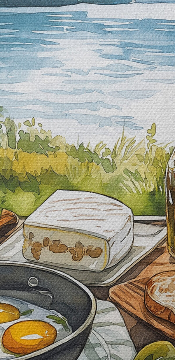 Table with food on it by a lake