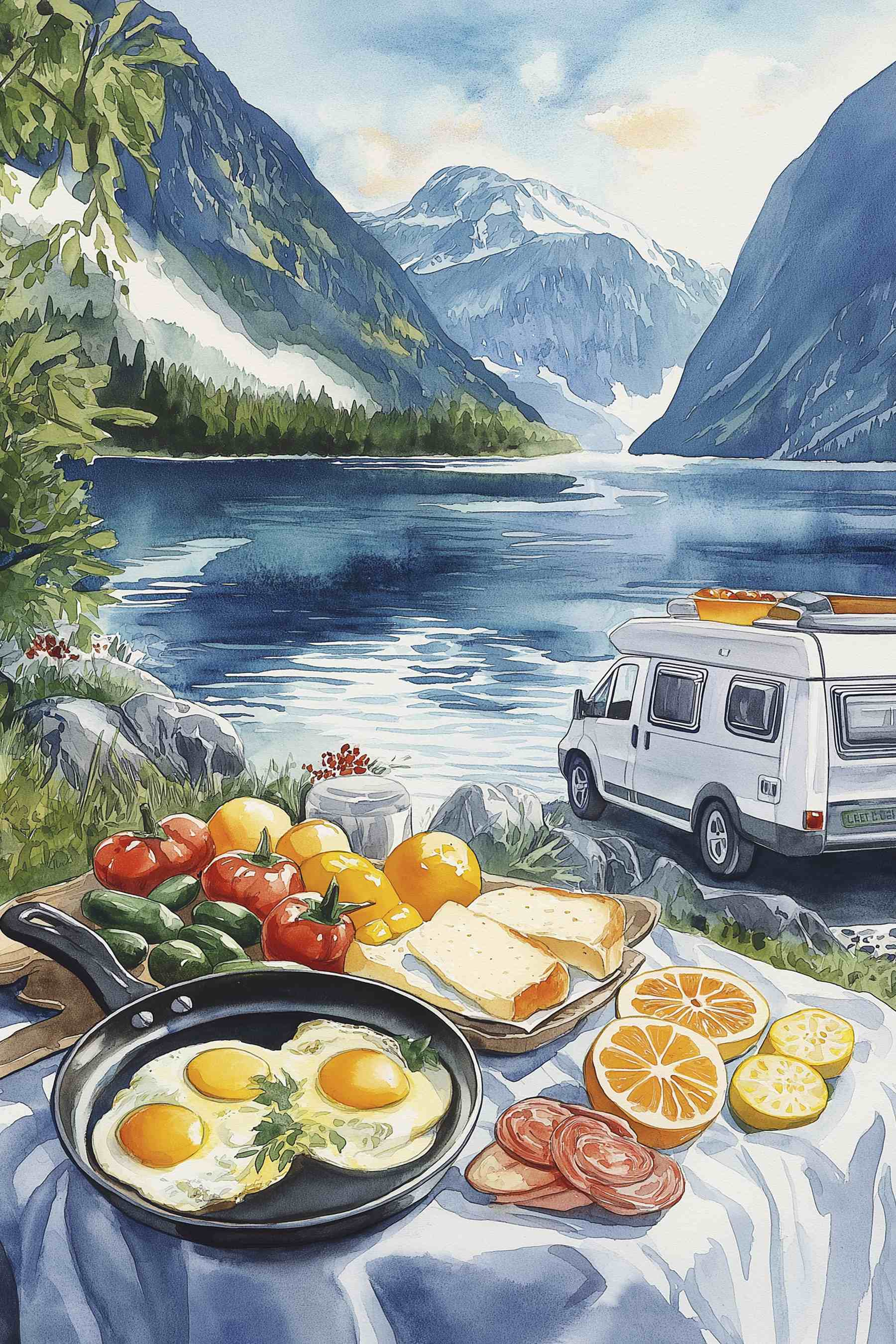 Van next to a lake