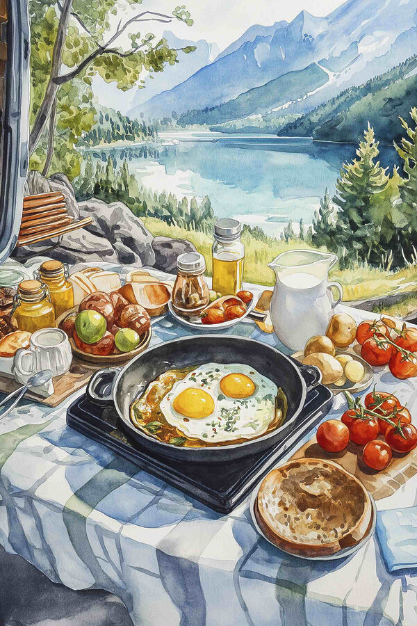 Pan of food and a pan of eggs on a table with a lake in the background
