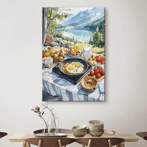Cuadros Una sartén con comida y otra con huevos sobre una mesa, con un lago al fondo (SKU: s42432) Cuadros Cuadros Una sartén con comida y otra con huevos sobre una mesa, con un lago al fondo (SKU: s42432)