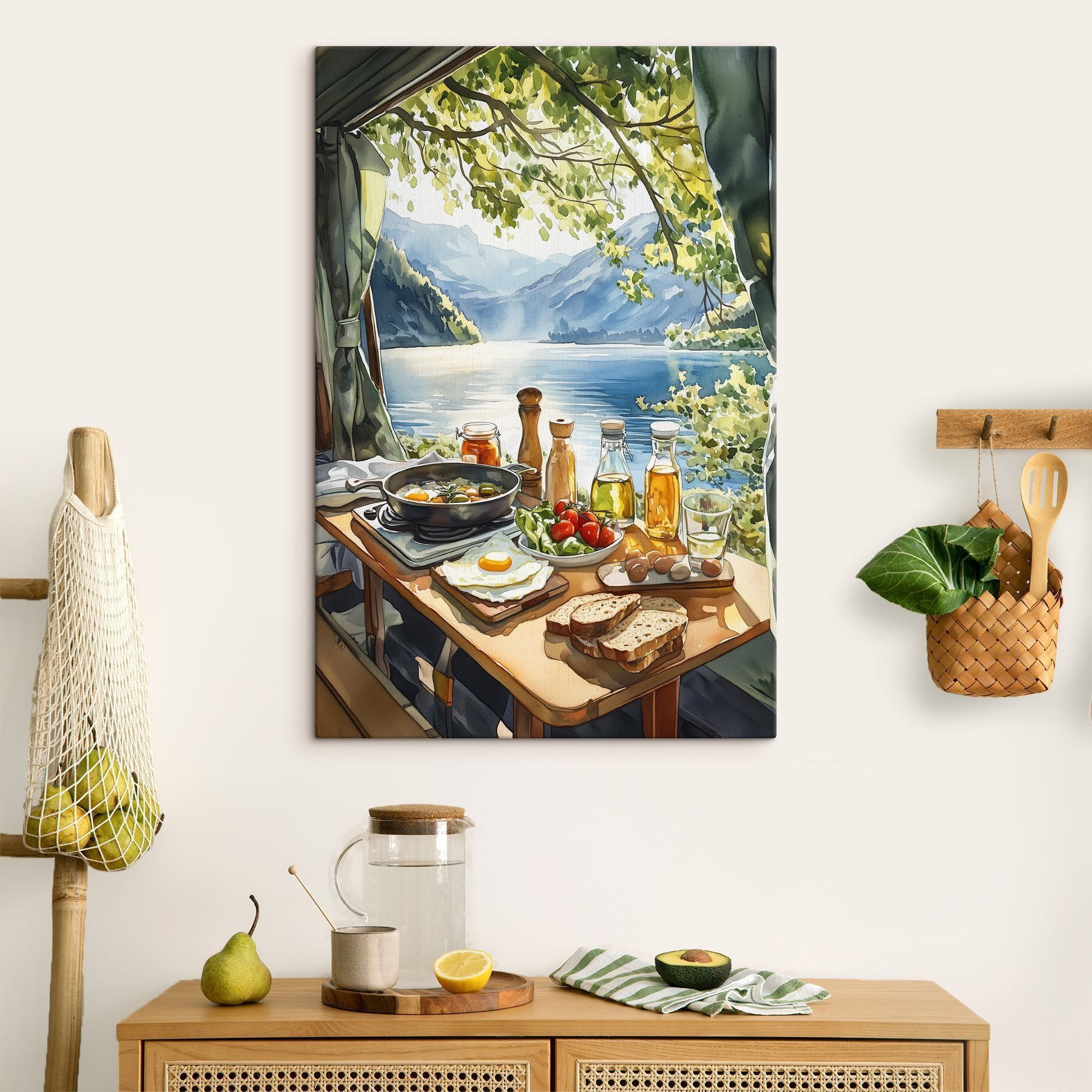 Table with food and drinks on it by a lake Table with food and drinks on it by a lake