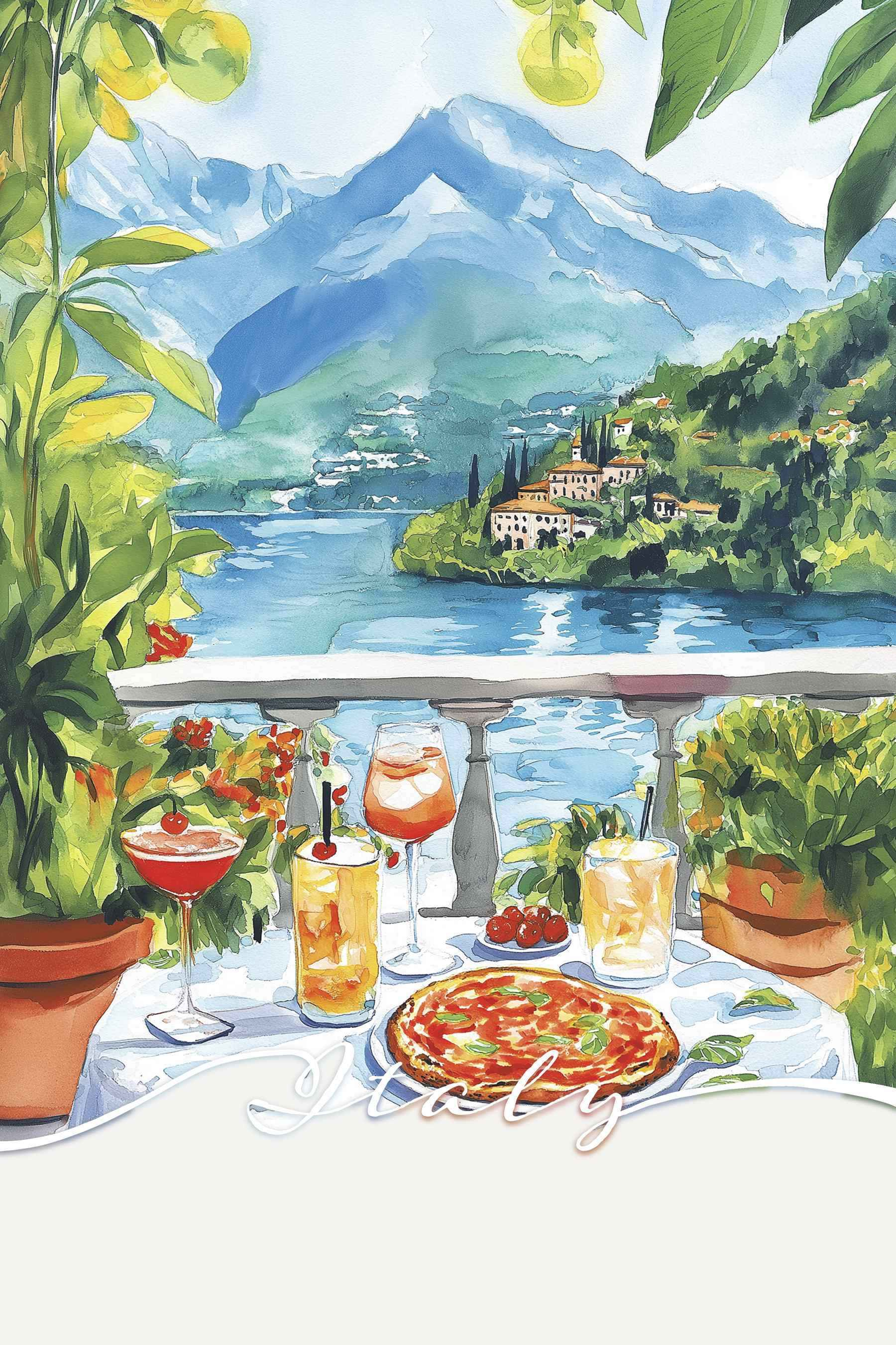 Watercolor painting of a table with drinks and a view of a lake Watercolor painting of a table with drinks and a view of a lake