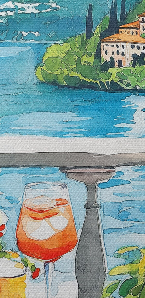 Watercolor painting of a table with drinks and a view of a lake Watercolor painting of a table with drinks and a view of a lake