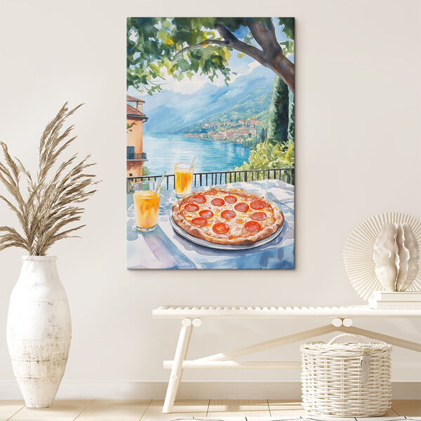 Cuadros Acuarela de una pizza y unas bebidas sobre una mesa (SKU: s42436) Cuadros Cuadros Acuarela de una pizza y unas bebidas sobre una mesa (SKU: s42436)
