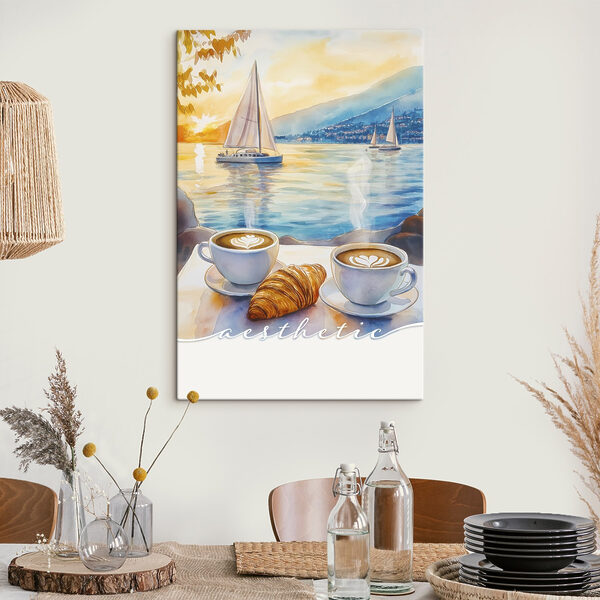 Cuadros Dos tazas de café y un croissant sobre una mesa, con un velero al fondo (SKU: s42438) Cuadros Cuadros Dos tazas de café y un croissant sobre una mesa, con un velero al fondo (SKU: s42438)