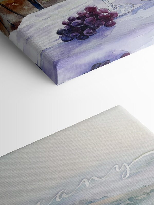 Watercolor painting of wine glasses and grapes on a table