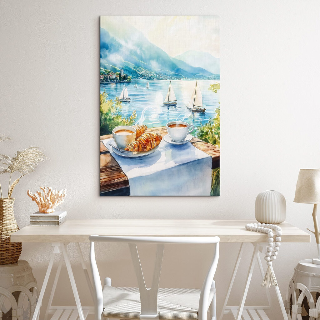 Watercolor painting of a table with coffee and croissants on it