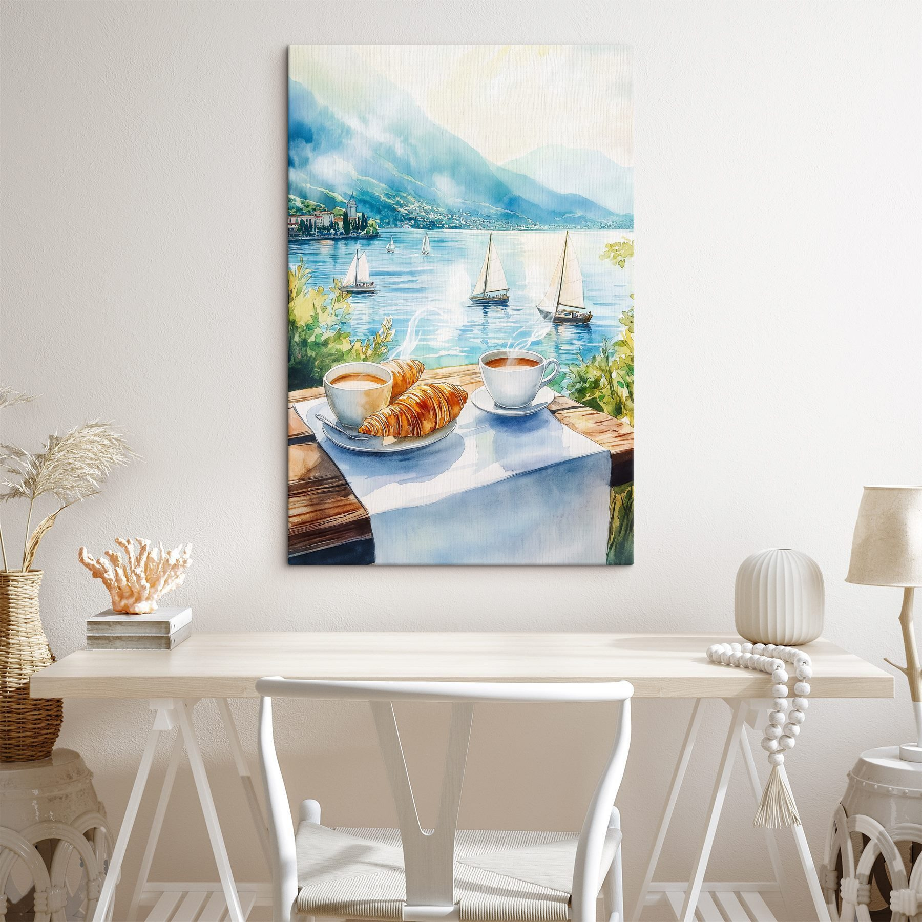 Watercolor painting of a table with coffee and croissants on it