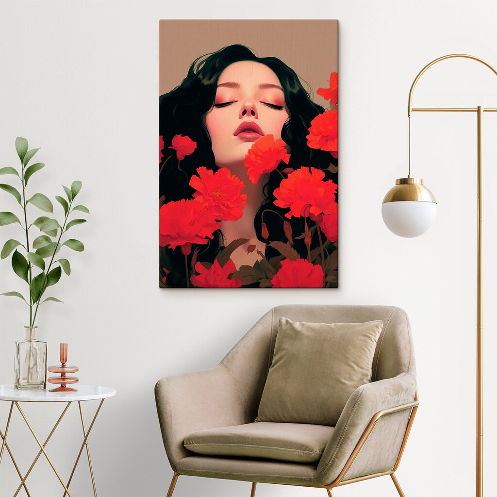 Woman with long black hair surrounded by red flowers Woman with long black hair surrounded by red flowers