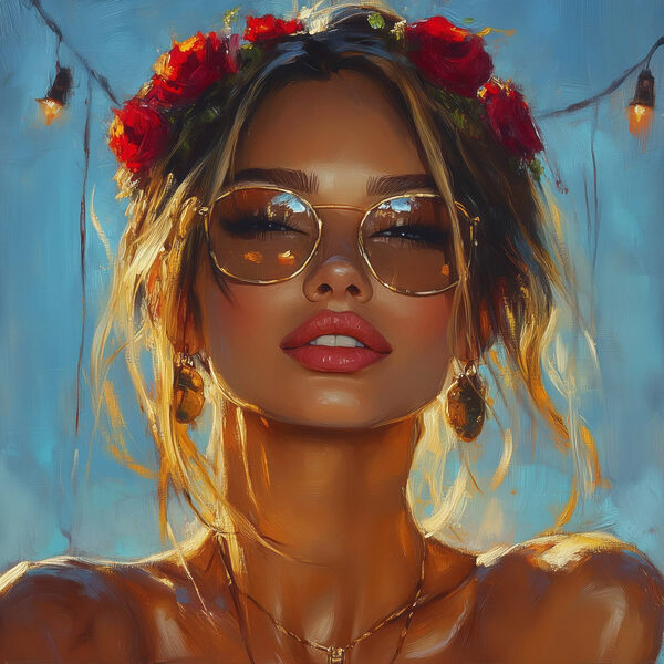 Woman with flowers in her hair and sunglasses