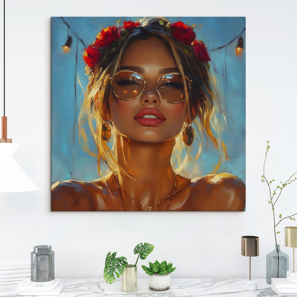 Woman with flowers in her hair and sunglasses