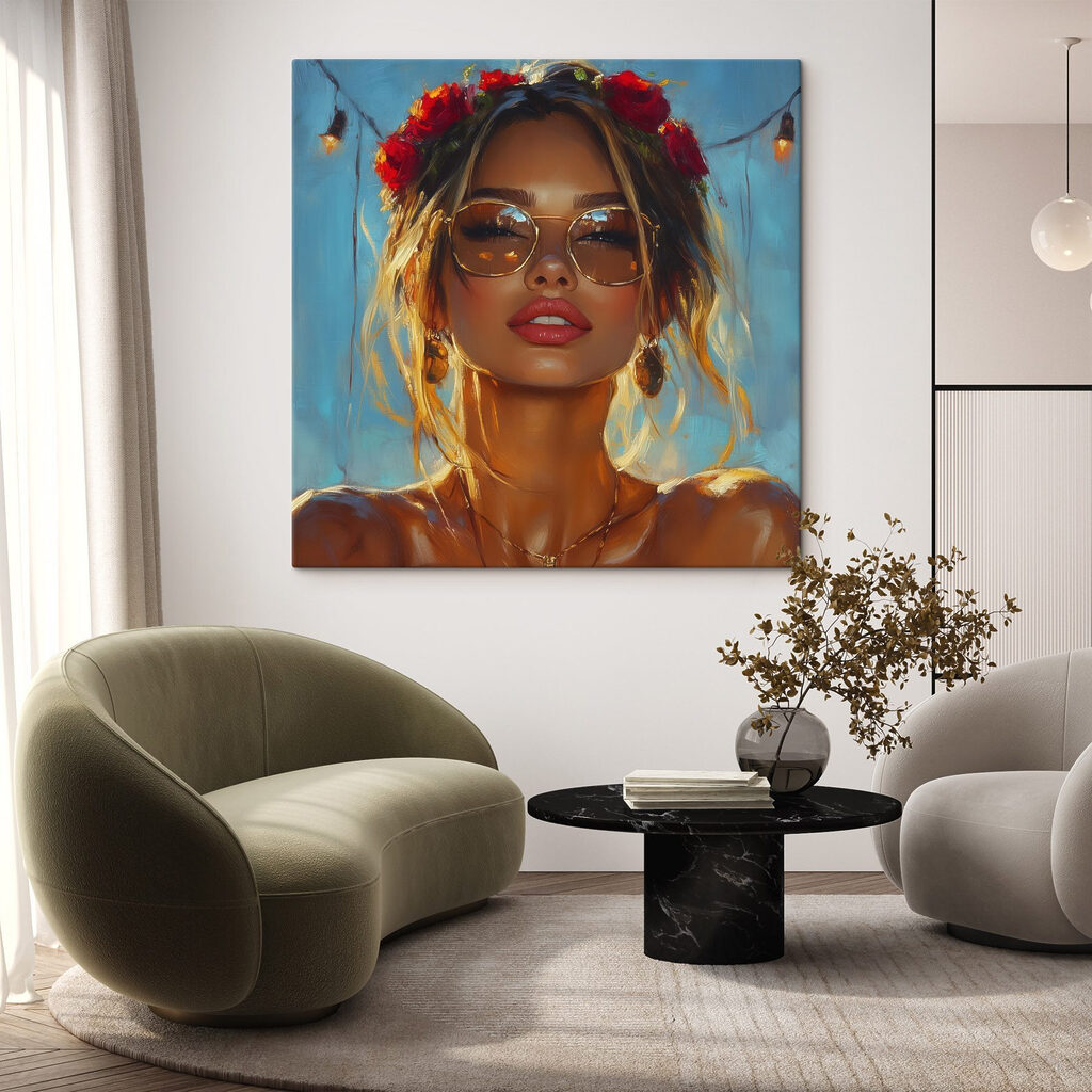 Woman with flowers in her hair and sunglasses