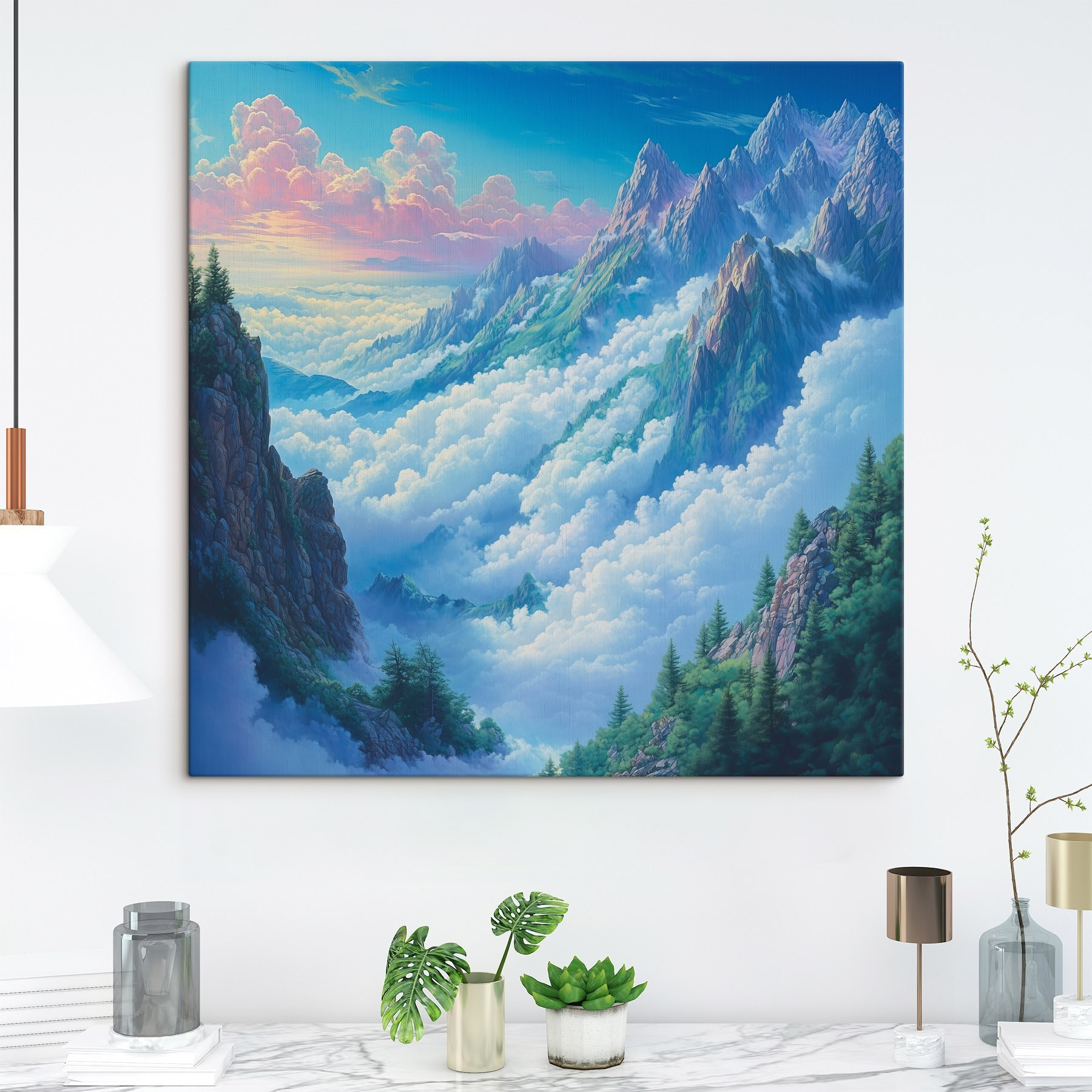 Mountain range with clouds and trees