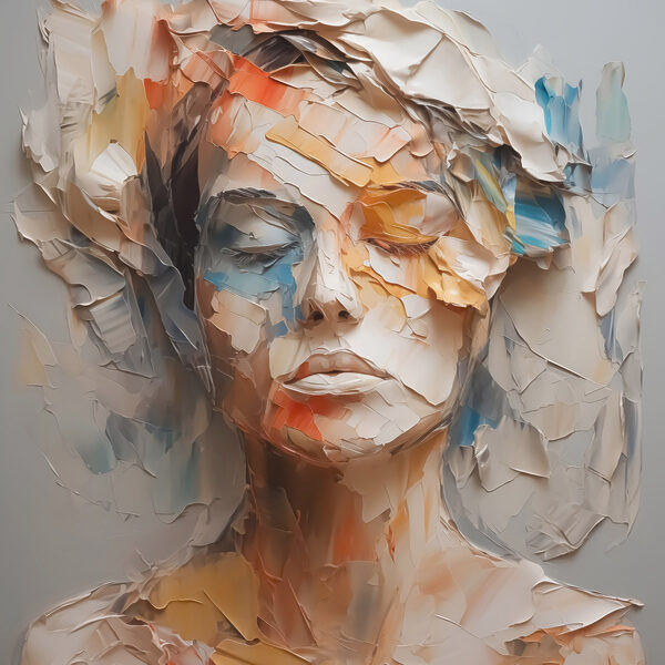 Woman's face covered in torn paper Woman's face covered in torn paper
