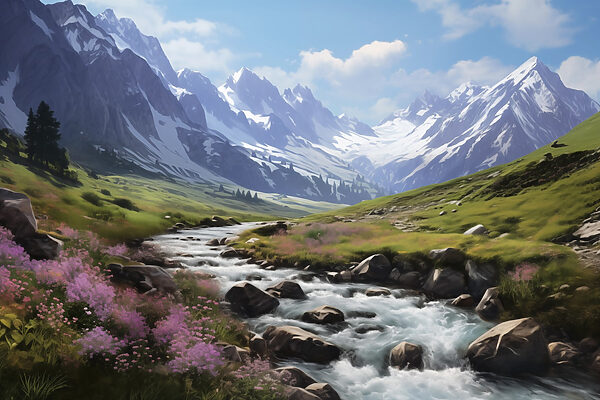 River running through a valley with snow covered mountains River running through a valley with snow covered mountains