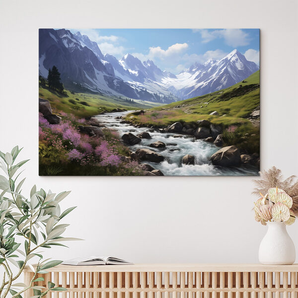 River running through a valley with snow covered mountains River running through a valley with snow covered mountains